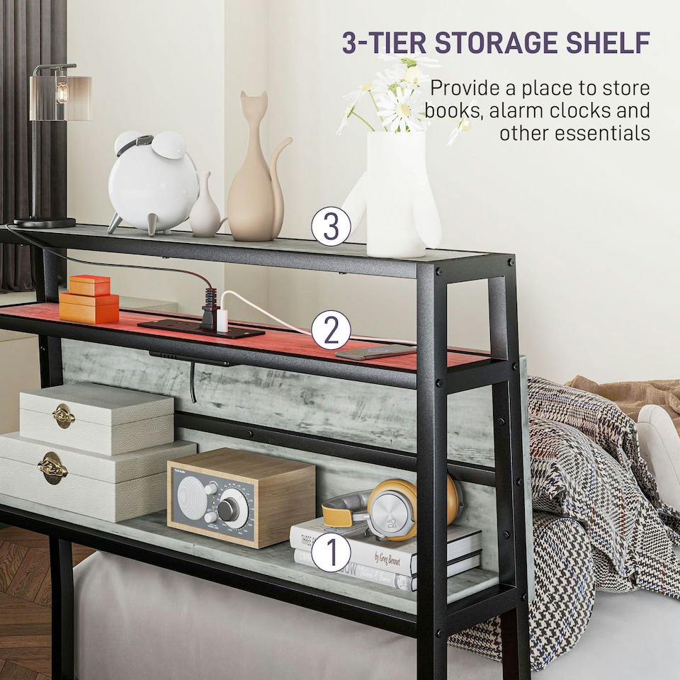 image 1 of HOMCOM LED Single Bed Frame with Charging Station, 90 x 190cm, Cement Grey
