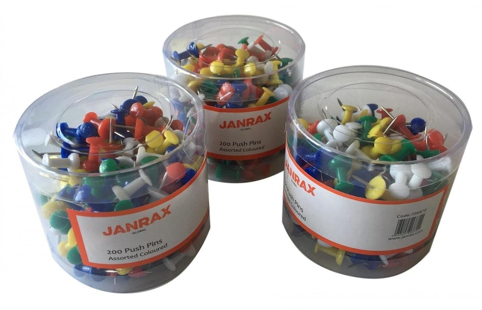 image 1 of Pack of 200 Assorted Coloured Push Pins in Tub