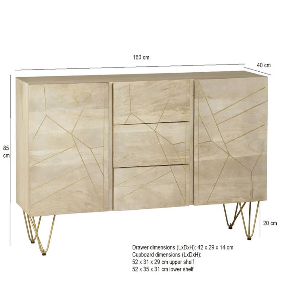 image 1 of Light Gold Extra Large Sideboard 3 Drawers And 2 Doors - Solid Mango Wood - L40 x W160 x H85 cm | Brown