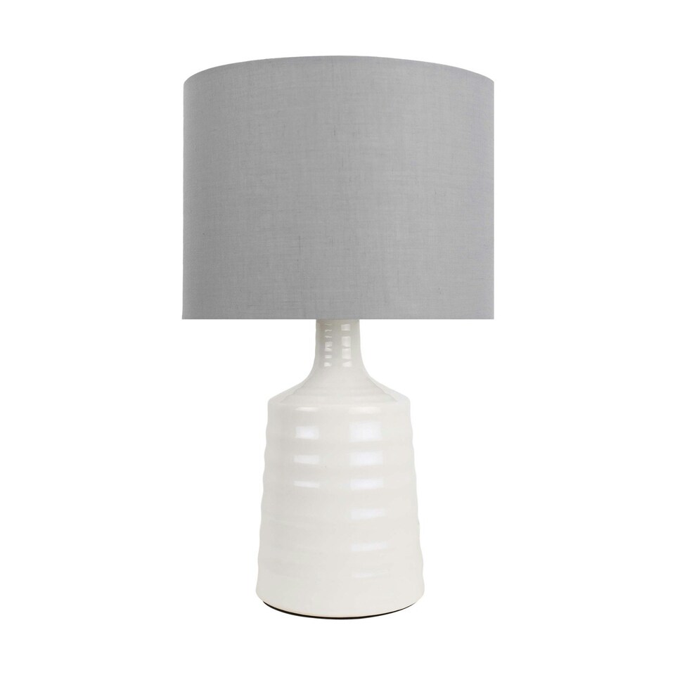 image 1 of Ripple - Off White Ribbed Ceramic Table Lamp with Grey Fabric Shade White | Grey