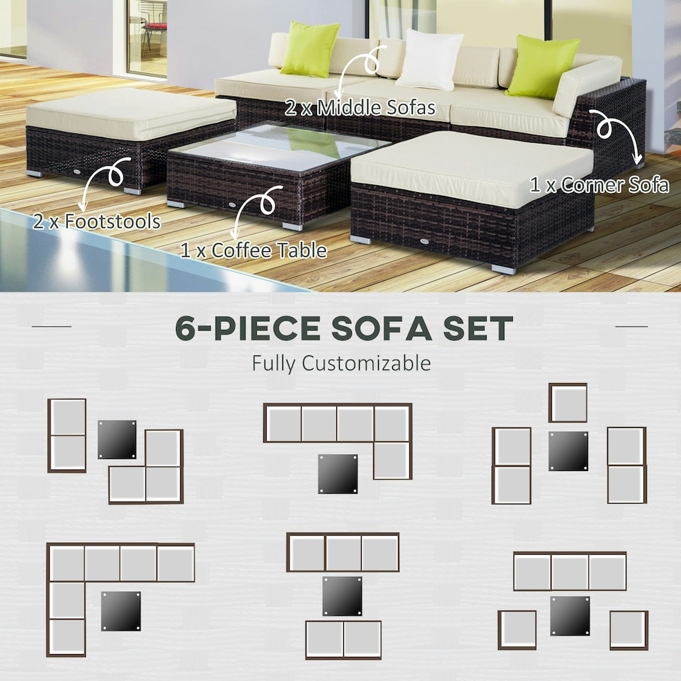 image 1 of Outsunny 6 Pieces Rattan Furniture Set Conservatory Sofa Deluxe Wicker Garden