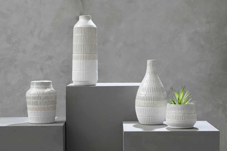 image 1 of Orsina Modern Large Grey Textured Glass Vase, Ribbed Design Flower Vase for Contemporary Spaces, Modern Large Vase