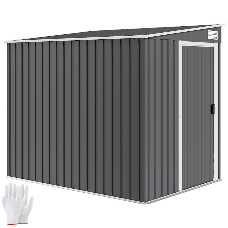 image 1 of Outsunny 7 x 5FT Galvanised Metal Garden Shed with Foundation, Lean to Shed, Tool Storage House with Sliding Doors, 2 Vents, Adjustable Shelves and Hooks, Dark Grey | Grey | 1
