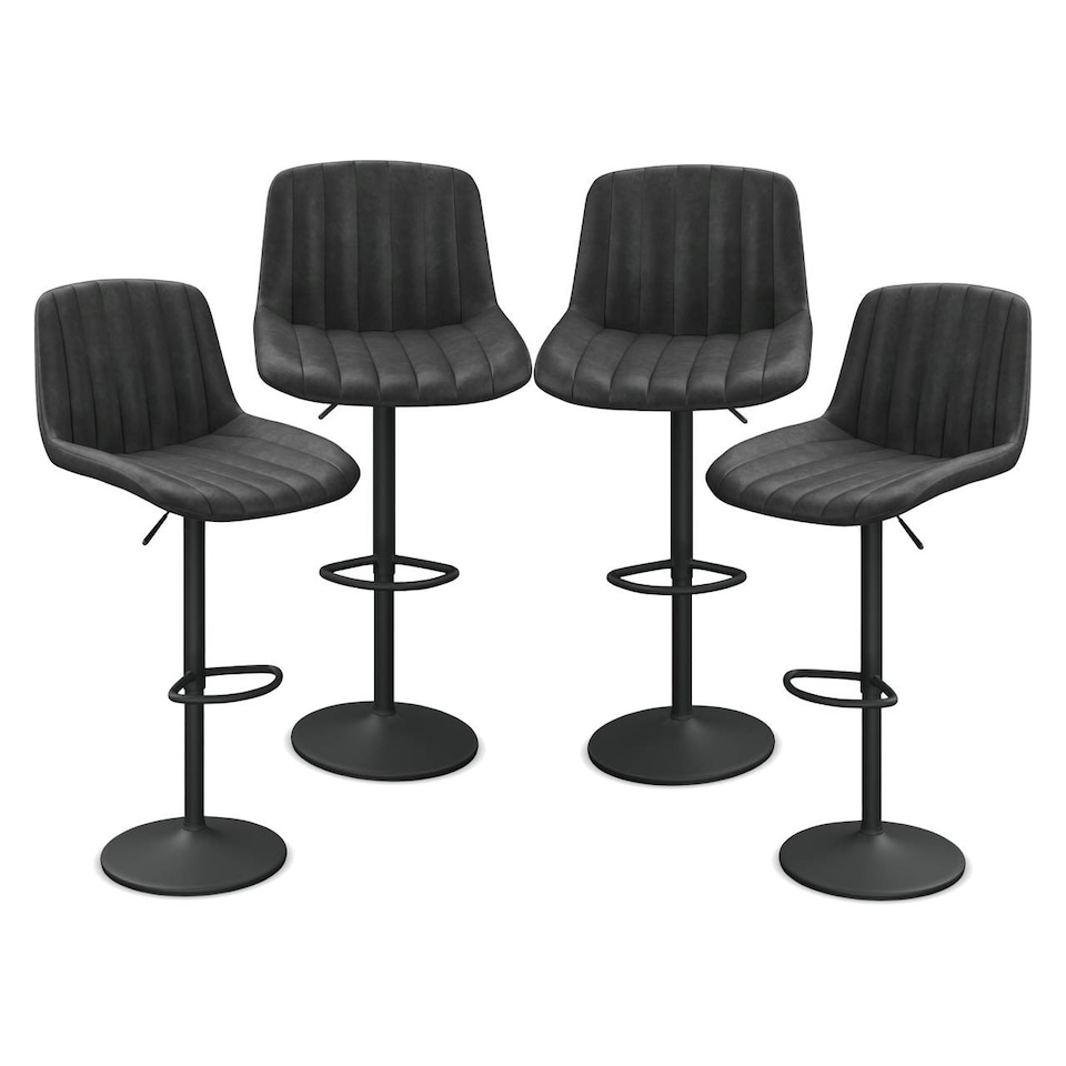 image 1 of PU Leather Bar Stool with Fluted Back Height Adjustable, 360 Swivel, Backrest & Footrest | Black | Black & Set of 4 | 4