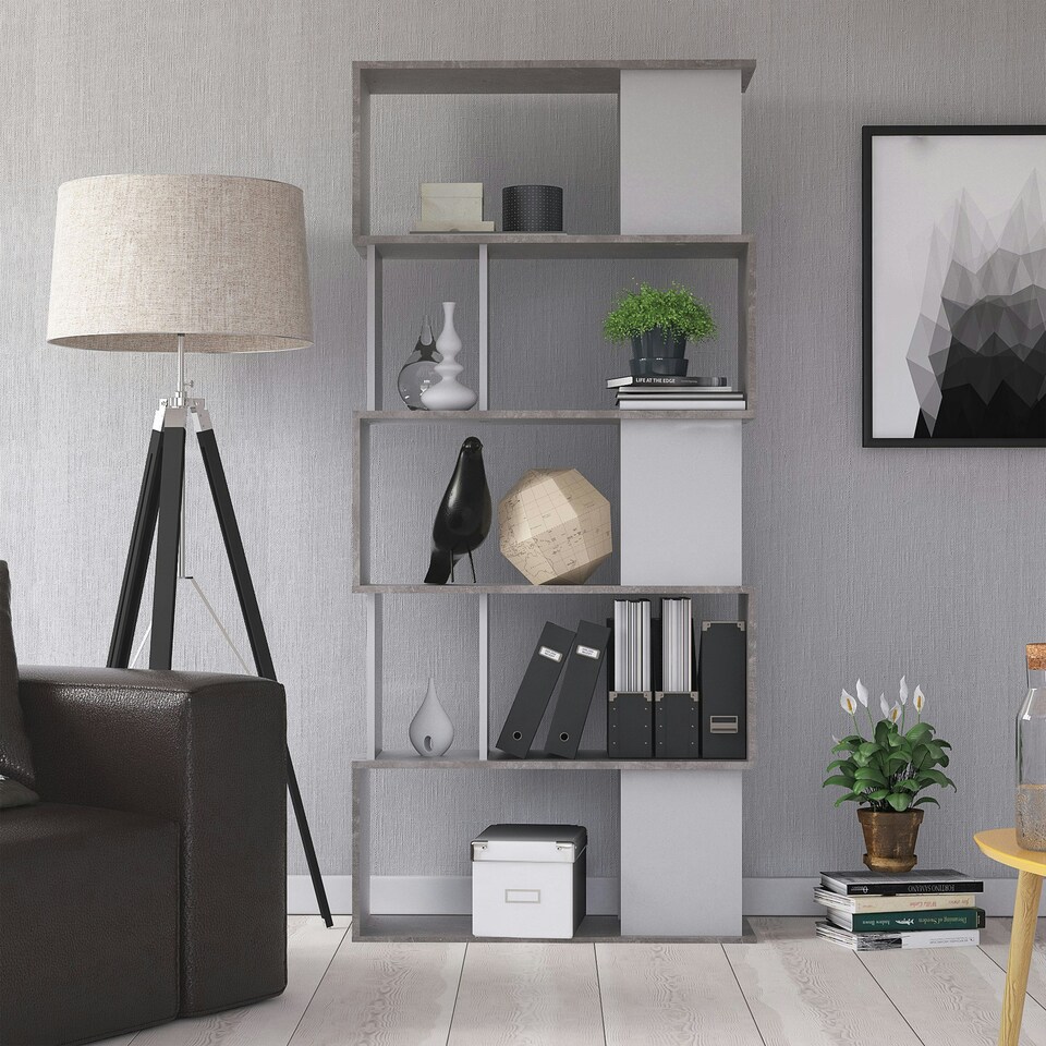 image 1 of Maze Open Bookcase 4 Shelves in Concrete and White