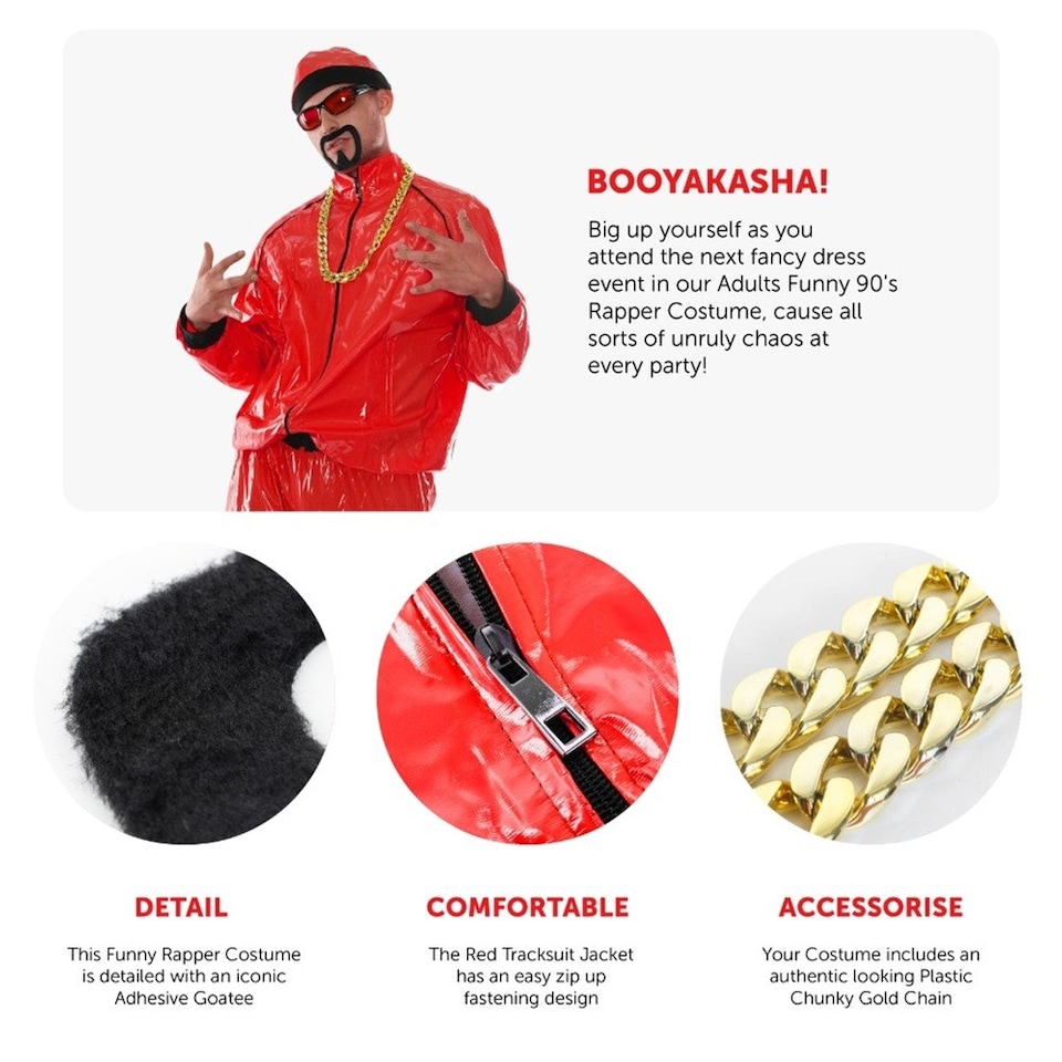 image 1 of Red 90's Rapper Costume - Red Hat, Glasses, Goatee & Gold Chain Red | XL