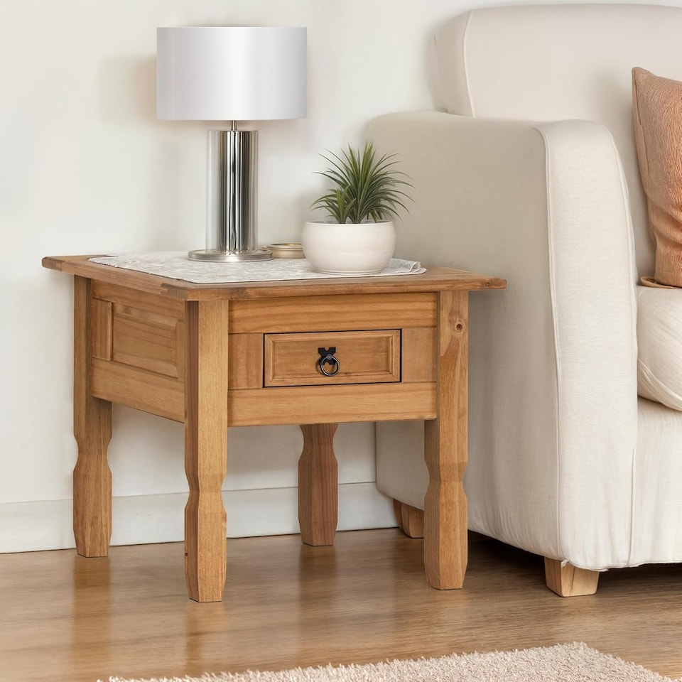 image 1 of Mercers Furniture Corona 1 Drawer Lamp Table Coffee End Unit Solid Wood Pine with Mexican Styling Wooden