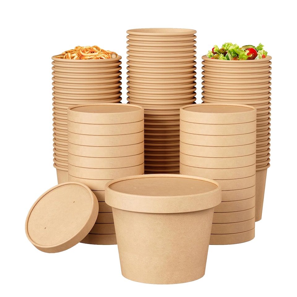 image 1 of ECONX 12oz Disposable Soup Containers with Lids Paper Bowl Takeaway Tubs for Hot or Cold Food 25pc