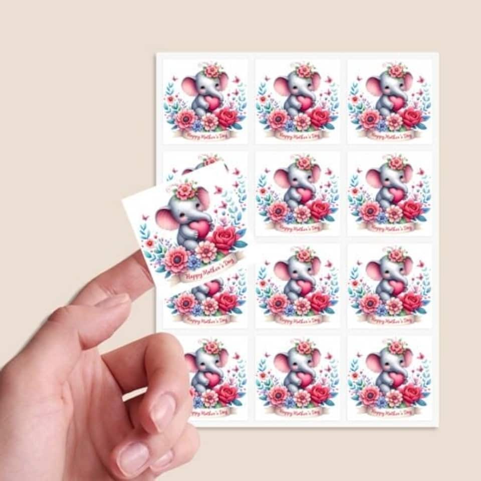 image 1 of Mother's Day Elephant Square Stickers 65mm - Sheet of 12