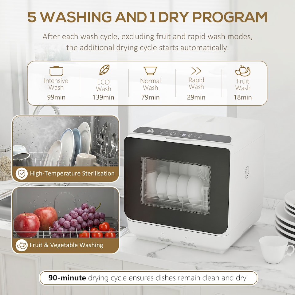 image 1 of HOMCOM Countertop Dishwasher with Dual Water Supply and 6 Programs, White