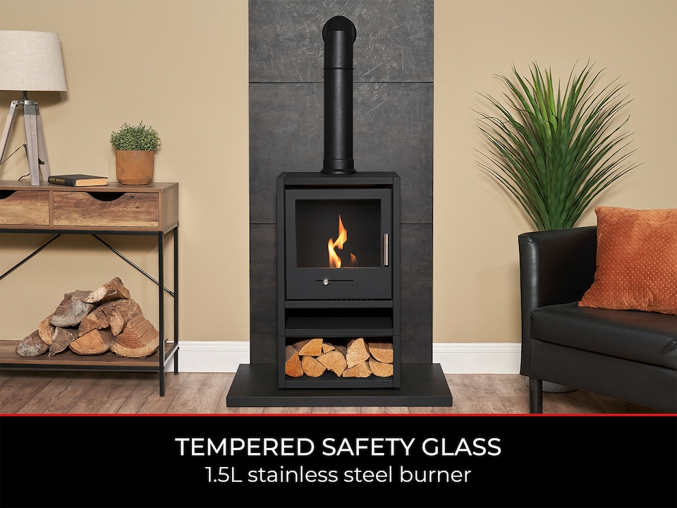 image 1 of OKO S1 Bio Ethanol Stove with Log Storage in Charcoal Grey & Tall Angled Stove Pipe