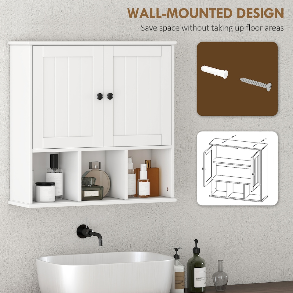 image 1 of HOMCOM Farmhouse Bathroom Wall Cabinet, Wall Mounted Medicine Cabinet with Adjustable Shelf, Open Compartments and 2 Doors, Storage Organiser Over The Toilet, White