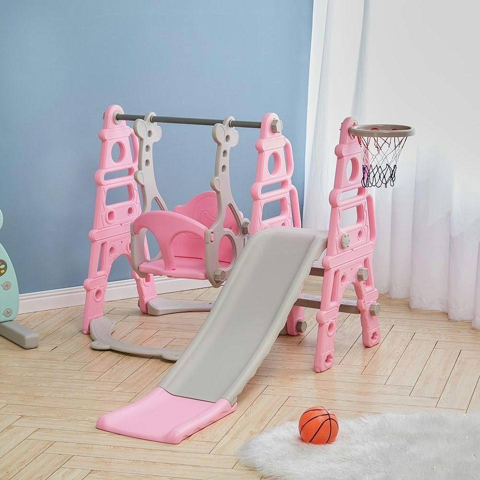 image 1 of Living and Home Toddler Swing and Slide Set with Basketball Hoop