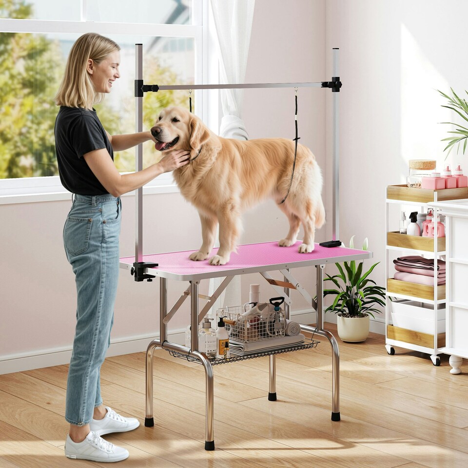 image 1 of PawHut Metal Adjustable Dog Grooming Table Rubber Top 2 Safety Slings Mesh