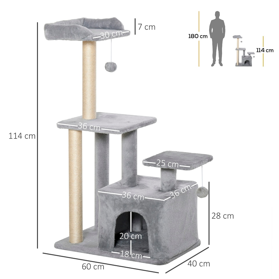 image 1 of PawHut Cat Tree Tower with Sisal Scratching Post Condo 114cm Light Grey