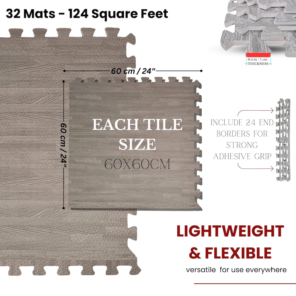 image 1 of Samuel Alexander 32 Piece Grey Wood Effect EVA Foam Floor Protective Tiles / Mats 60x60cm Each Set. Floor Mats Set Covers 11.52 sqm (124 sq ft)
