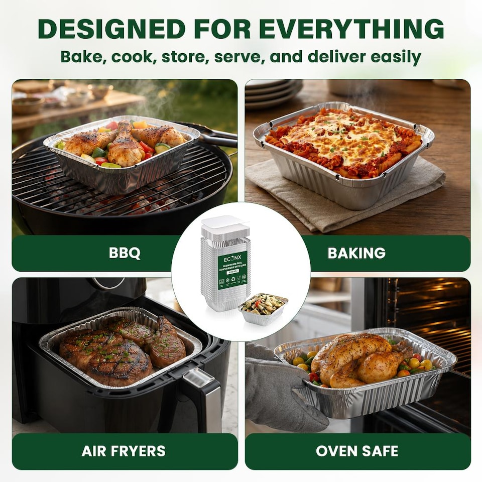 image 1 of ECONX No.1 Aluminium Foil Food Container With Lids Takeaway Food Storage Boxes Pack of 100