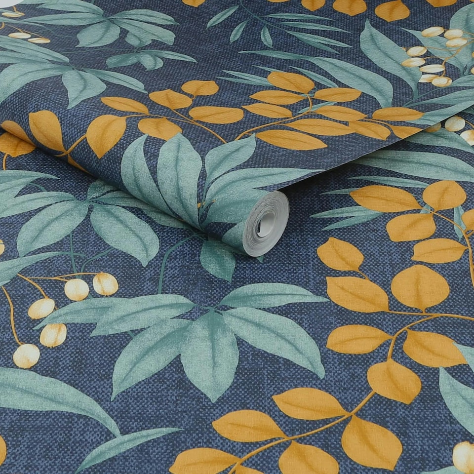 image 1 of Superfresco Easy Persephone Navy/Ochre Wallpaper | Blue | Yellow | 10m Length x 52cm Width