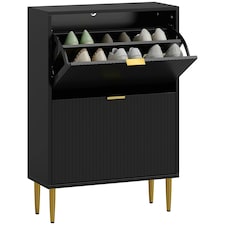 HOMCOM Slim Shoe Storage Cabinet with 2 Flip Drawers for Hallway Black | Gold | 60W x 24D x 91.5H cm