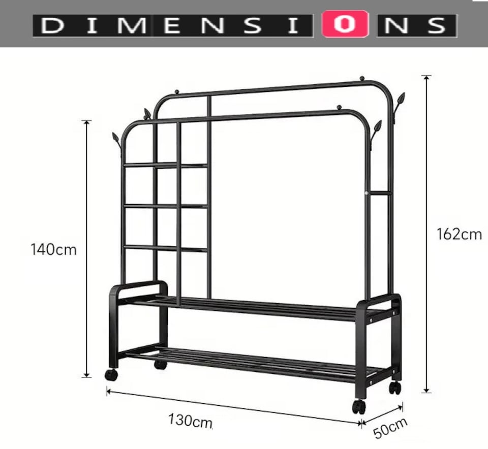 image 1 of Black Heavy Duty Double Clothes Rail with Wheels – Garment Hanging Rack & Storage Shelf