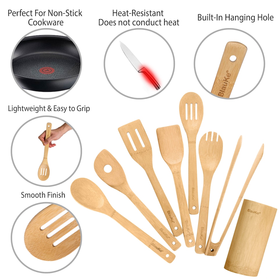image 1 of BlauKe Wooden Kitchen Utensils Set of 8 - Non-Stick Bamboo Cooking Utensils - Wooden Spatulas, Wooden Spoons, Tong, Utensil Holder