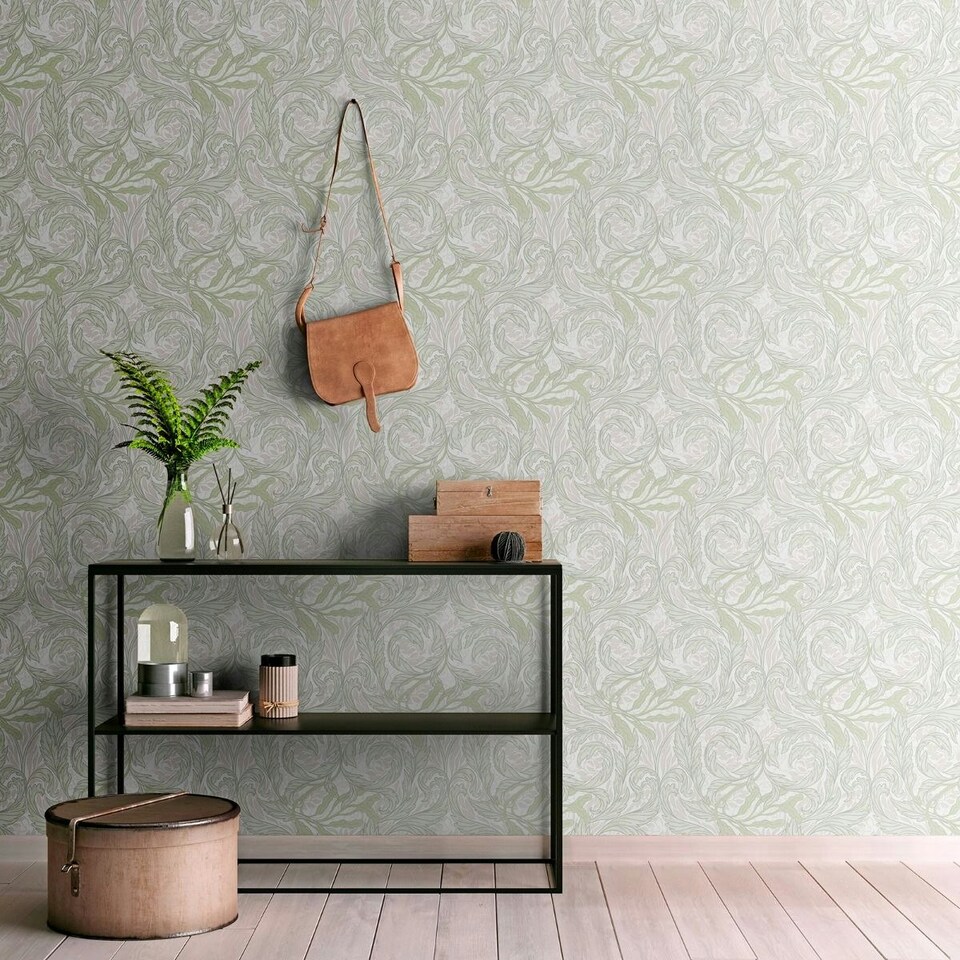 image 1 of Muriva Vale Leaf Textured Wallpaper - Green/Pink - 10m x 0.5m Green