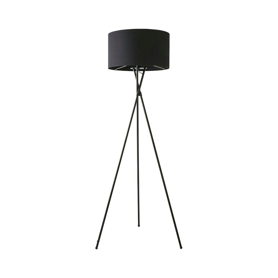 image 1 of ValueLights Camden Tripod Gloss Black Floor Lamp with Large Black Drum Shade