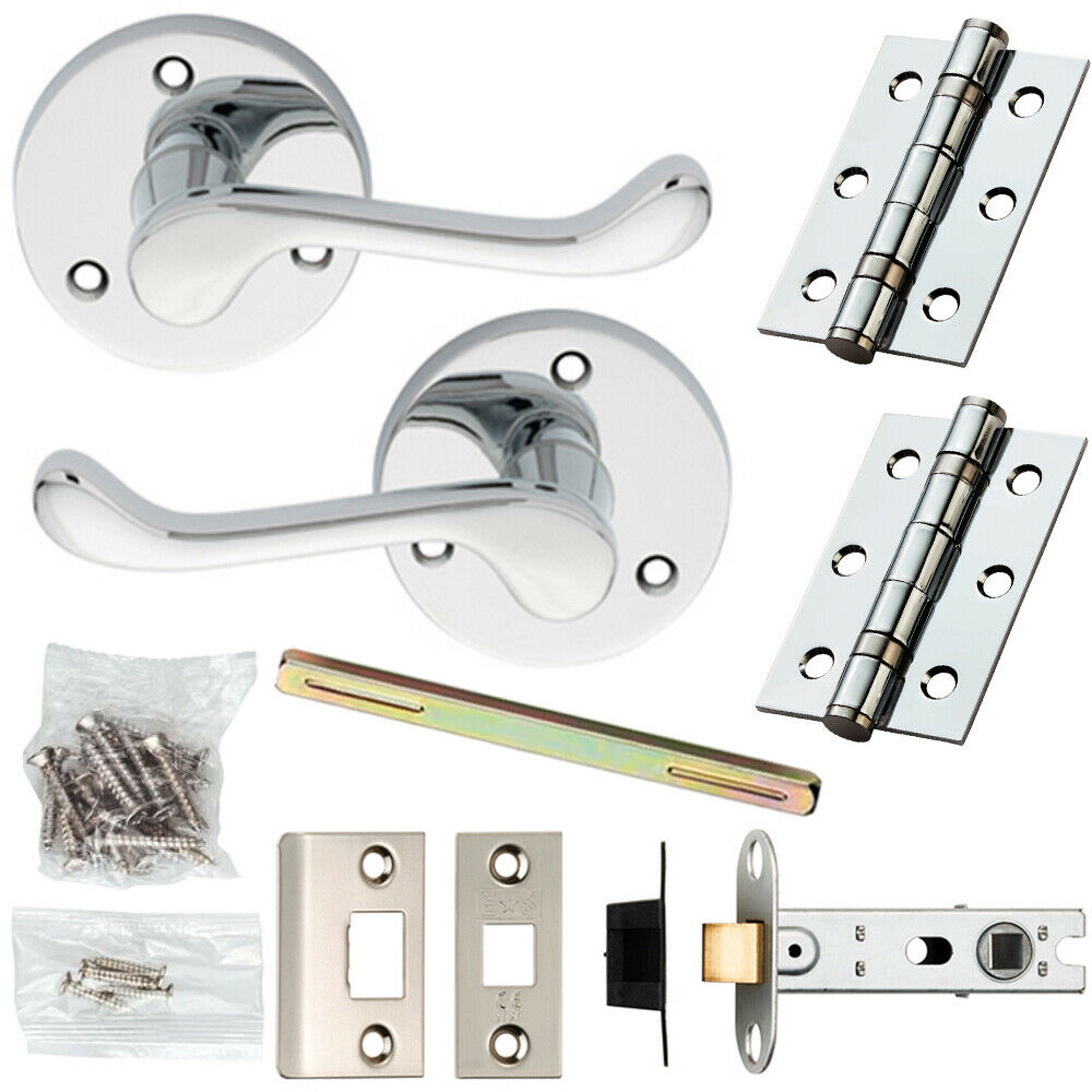 Loops Door Handle & Latch Pack Chrome Victorian Scroll Curved Lever 58mm Round Rose