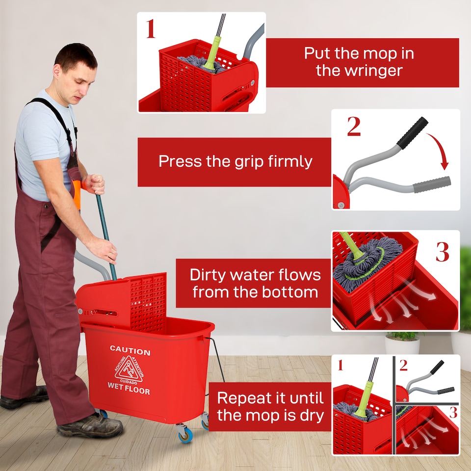 image 1 of HOMCOM 20L Compact Mop Bucket with Wringer and Handle, Mop Bucket on Wheels for Floor Cleaning, Separate Dirty and Clean Water, for Home, Flat, Red