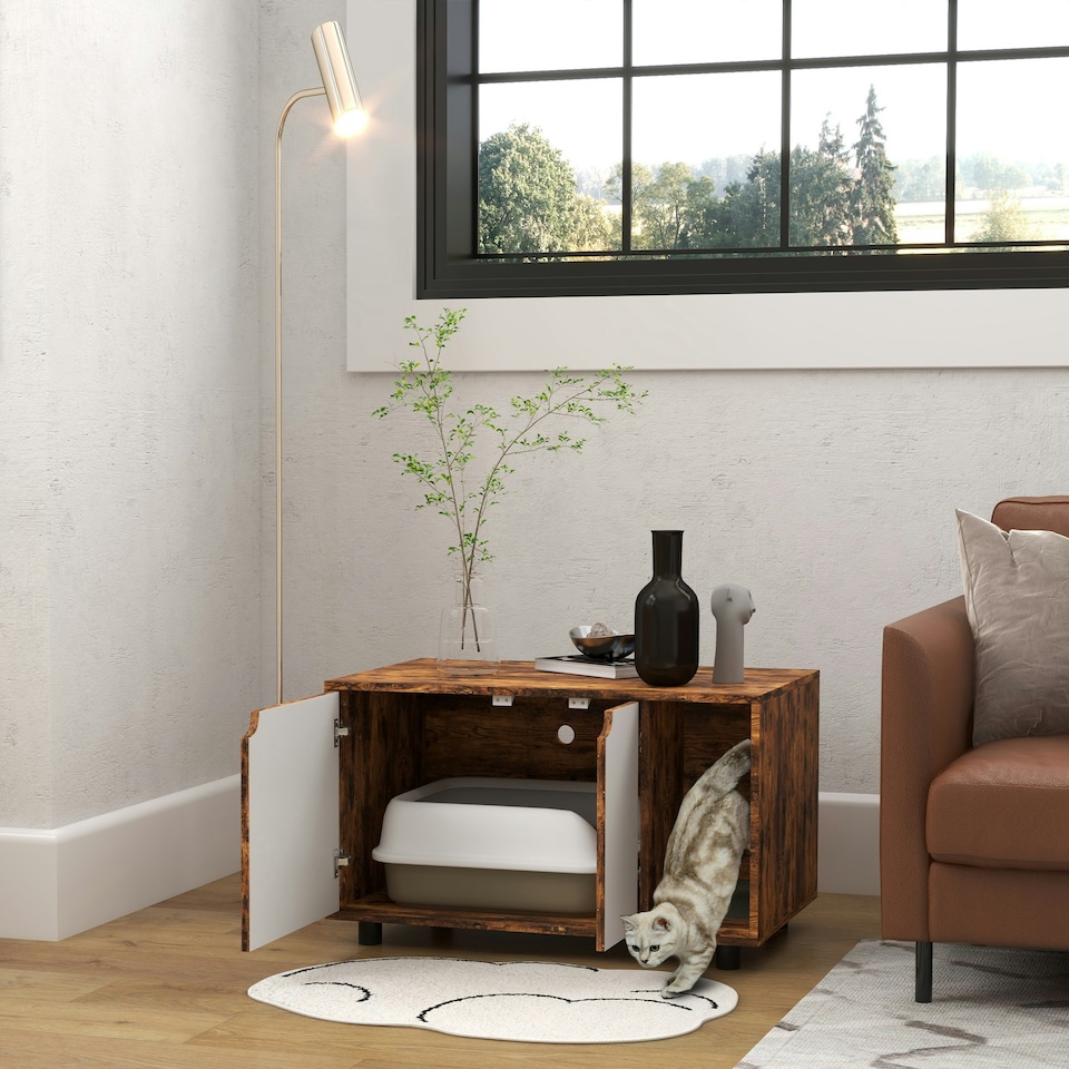 image 1 of PawHut Hidden Cat Litter Box Furniture w/ Sand Drain Pad - Rustic Brown