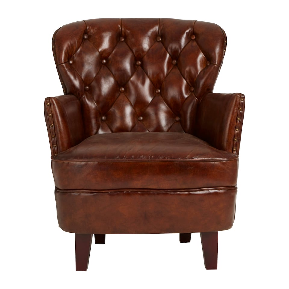 image 1 of Mocha Brown Button Back Armchair,Lounge Chair With Quilted Backrest,Metallic Studded Seat With Walnut Feet Brown