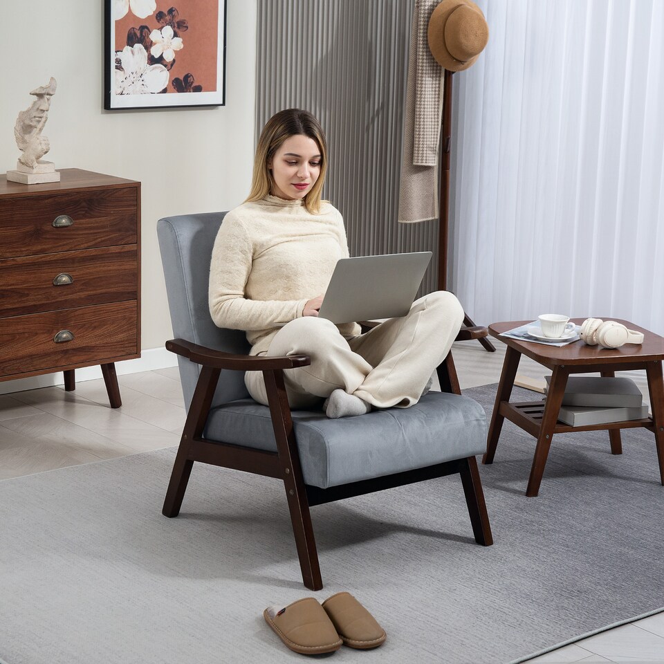 image 1 of HOMCOM Nordic Accent Chair, Upholstered Velvet Armchair with Solid Wood Frame and Soft Thick Padded for Living Room, Bedroom, Grey | Grey | Grey