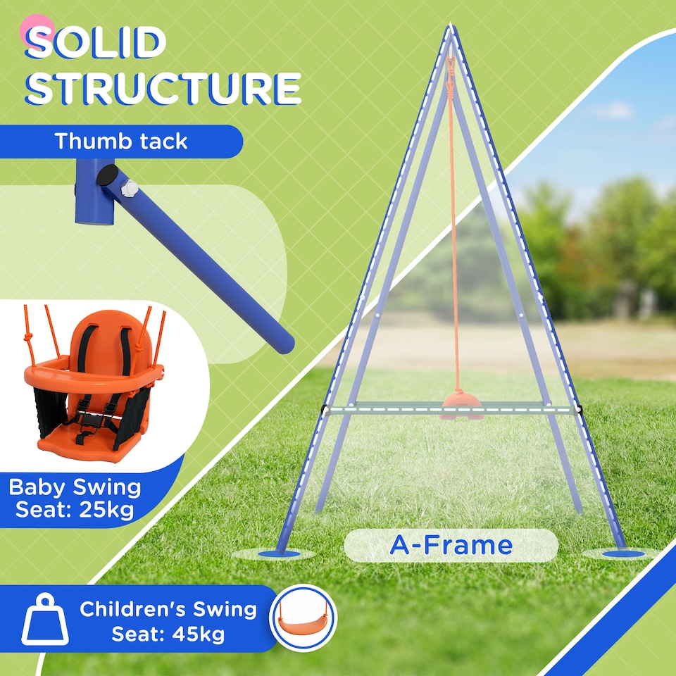 image 1 of Outsunny Garden Swing Set for Toddlers w Safety Belt - Orange and Blue