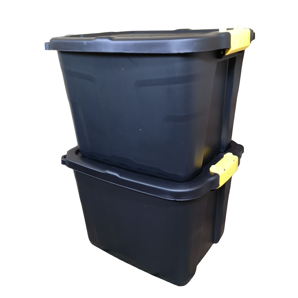 image 1 of 2 x 42L Heavy Duty Storage Tubs Sturdy, Lockable, Stackable and Nestable Design Storage Chests with Clips in Black