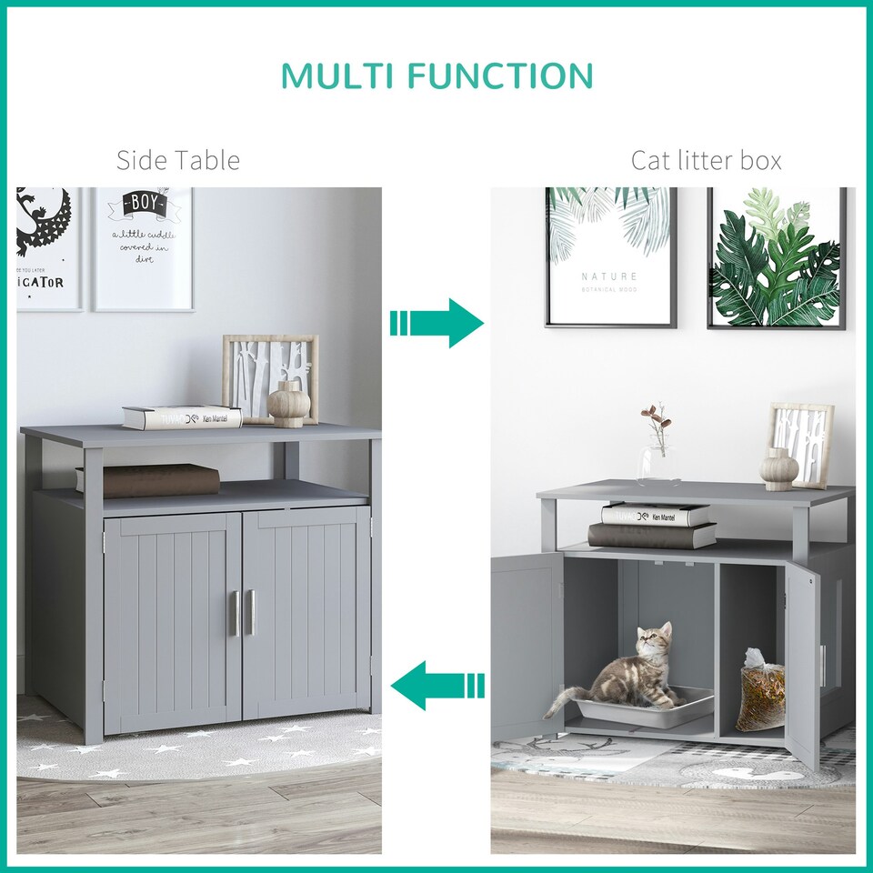 image 1 of PawHut Wood Cat Litter Box Enclosure Furniture w/ Adjustable Interior Wall Grey