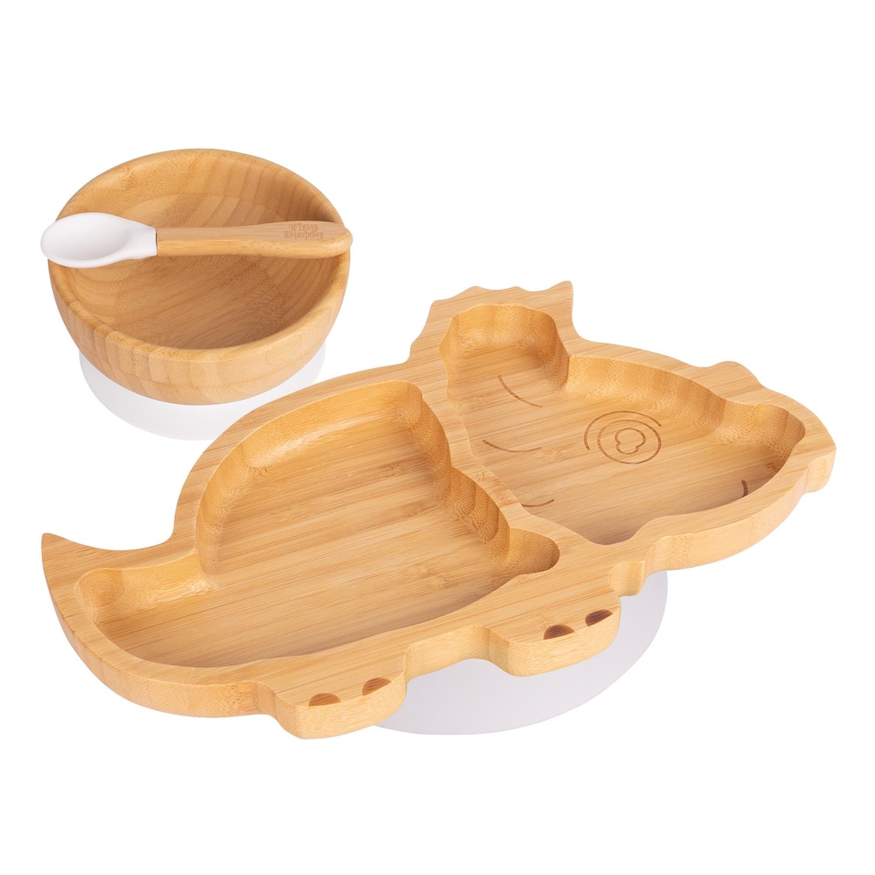 image 1 of Tiny Dining Children's Bamboo Suction Dinosaur Dinner Set - White