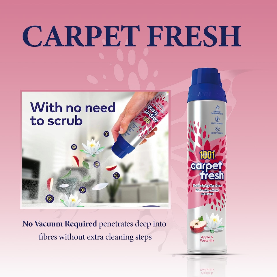 image 1 of 1001 Carpet Fresh Apple Waterlily Carpet Foam Freshener Odour Remover Carpet Cleaner Indoor Home Use 300ml Pack of 2