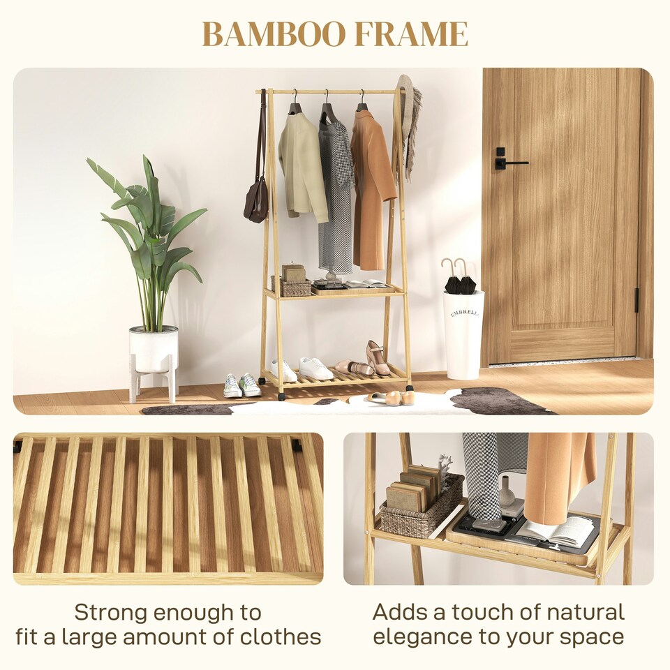 image 1 of HOMCOM Bamboo Clothes Rail Rack with 2 Storage Shelves, Natural Wood Effect