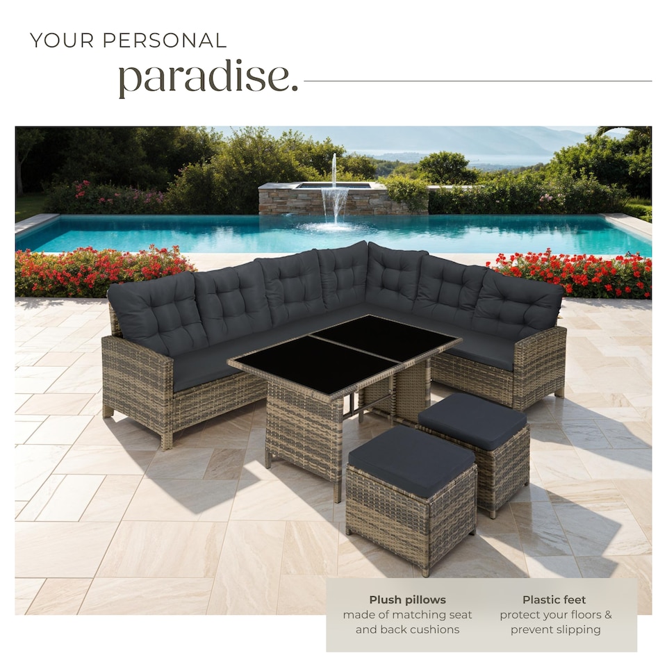 image 1 of 8 Seater Garden Furniture Set Barletta with Cushions, Footstools and Table | Brown | nature/dark grey | 1