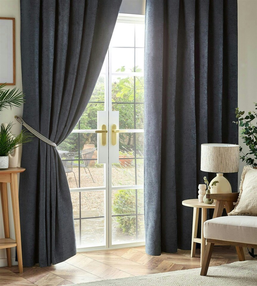 image 1 of Chenille Blackout Pencil Pleat Taped Top Curtains - 117cm x 229cm - Charcoal