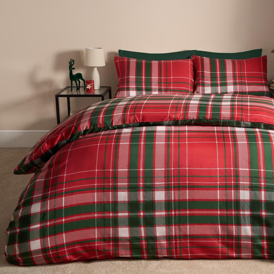 image 1 of OHS Christmas Check Duvet Cover Bedding Set Pillowcase Reversible Soft Tartan Quilt | Red | Double