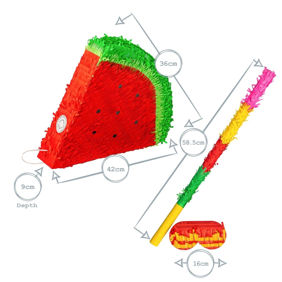 image 1 of Pinatas Watermelon Cardboard Pinata, Stick and Blindfold Set - W42cm x D9cm x H36cm - Red