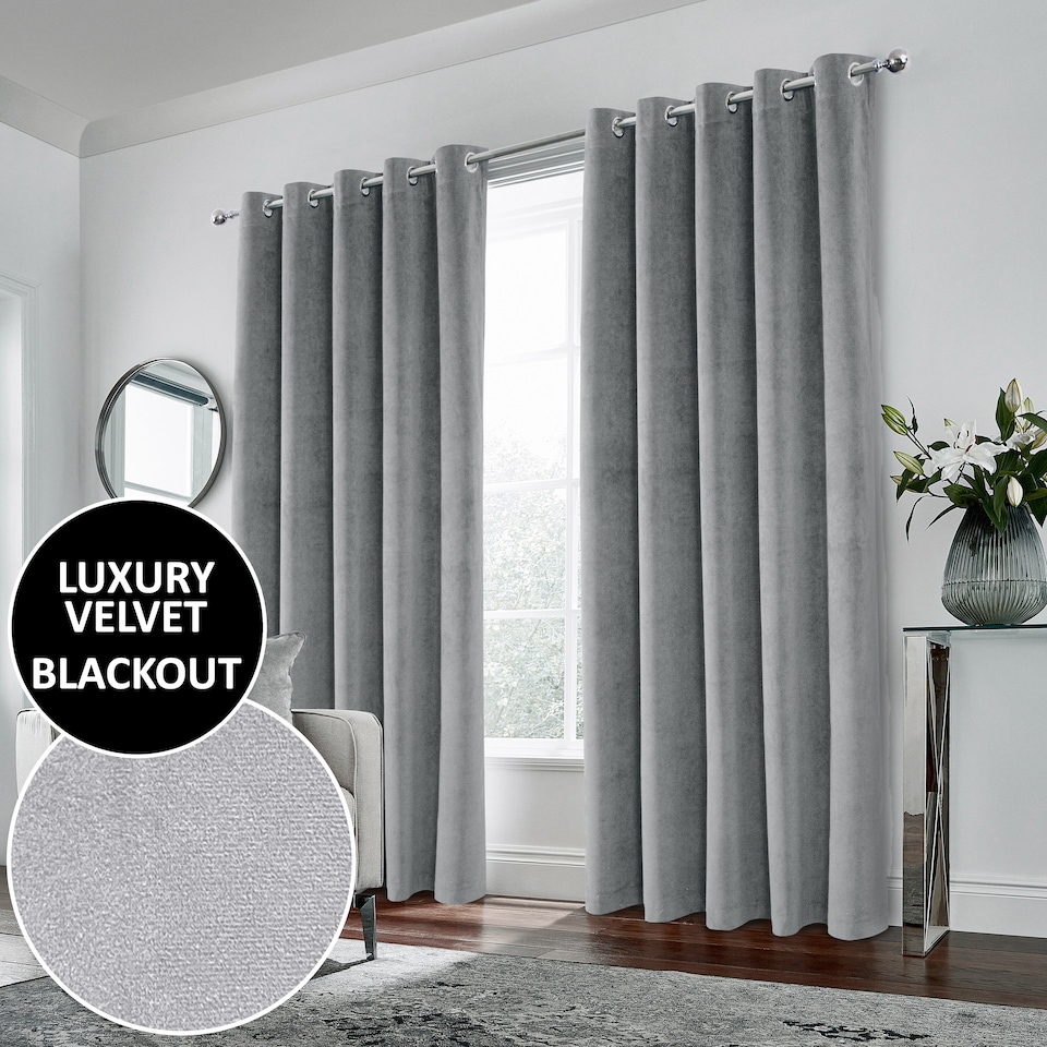 image 1 of Luxury Enhanced Living Grey Velvet, Supersoft, Blackout, Thermal Pair of Curtains with Eyelet Top - 90 x 90 inch (229x229cm)