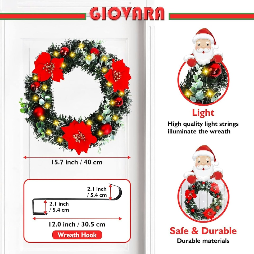 image 1 of Christmas Wreath, Artificial Door Wreath with LED Lights, Xmas Wreath