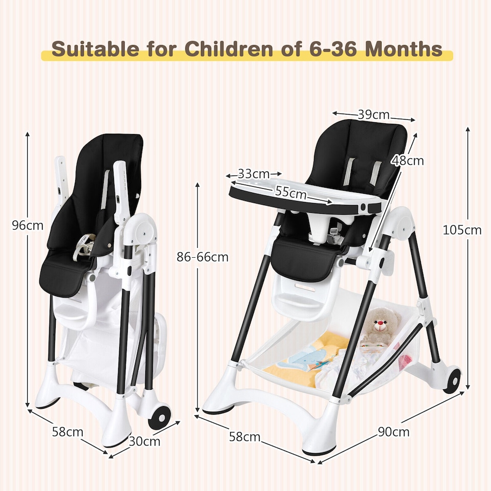 image 1 of COSTWAY Folding Baby High Chair Convertible Infant Portable Dining Highchair-Black