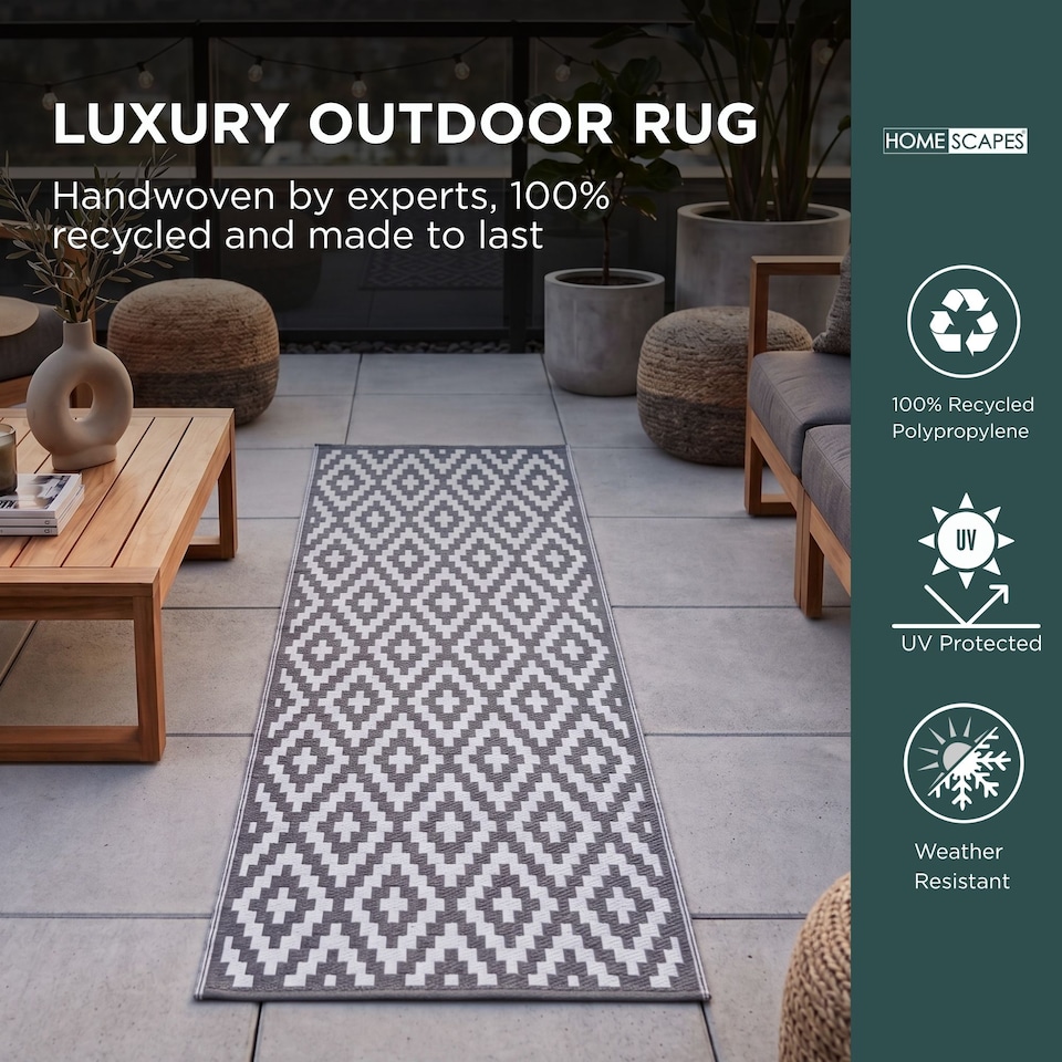image 1 of Homescapes Outdoor Rug Runner Waterproof Reversible, 75 x 200 cm, Zoe Geometric Design