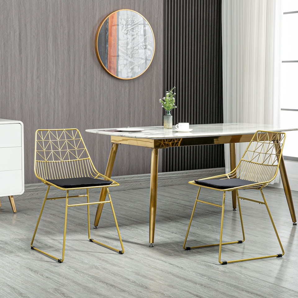 image 1 of HOMCOM Luxurious Dining Chairs Set of 2, Metal Wire Kitchen Chair with Removable Velvet-feel Cushion, Cut-out Back and Steel Frame for Dining Room, Gold Tone