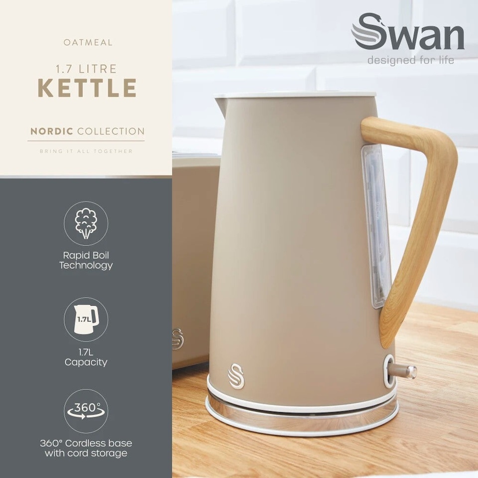 image 1 of Swan Nordic Oatmeal 1.7L 3KW Kettle, 2 Slice Toaster, Breadbin and Canisters Kitchen Set