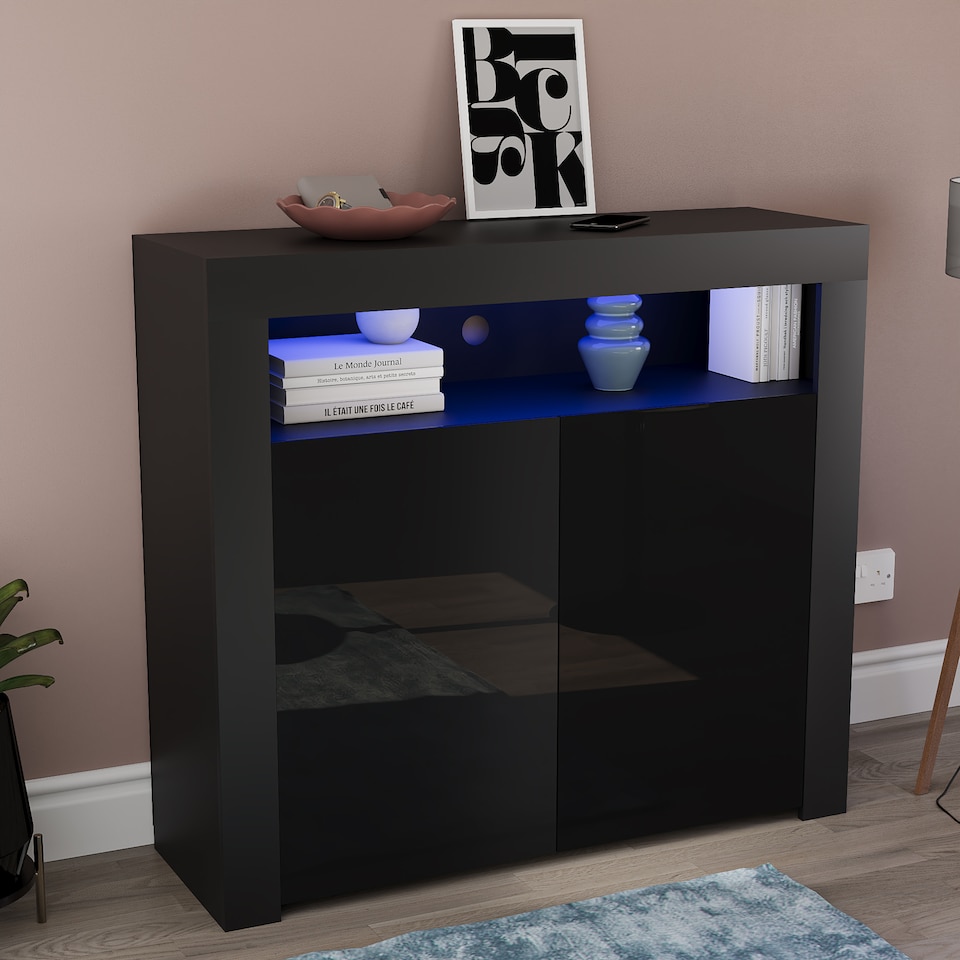 image 1 of Vida Designs Nova 2 Door LED Sideboard Buffet Cabinet Storage - Black | Black | 1