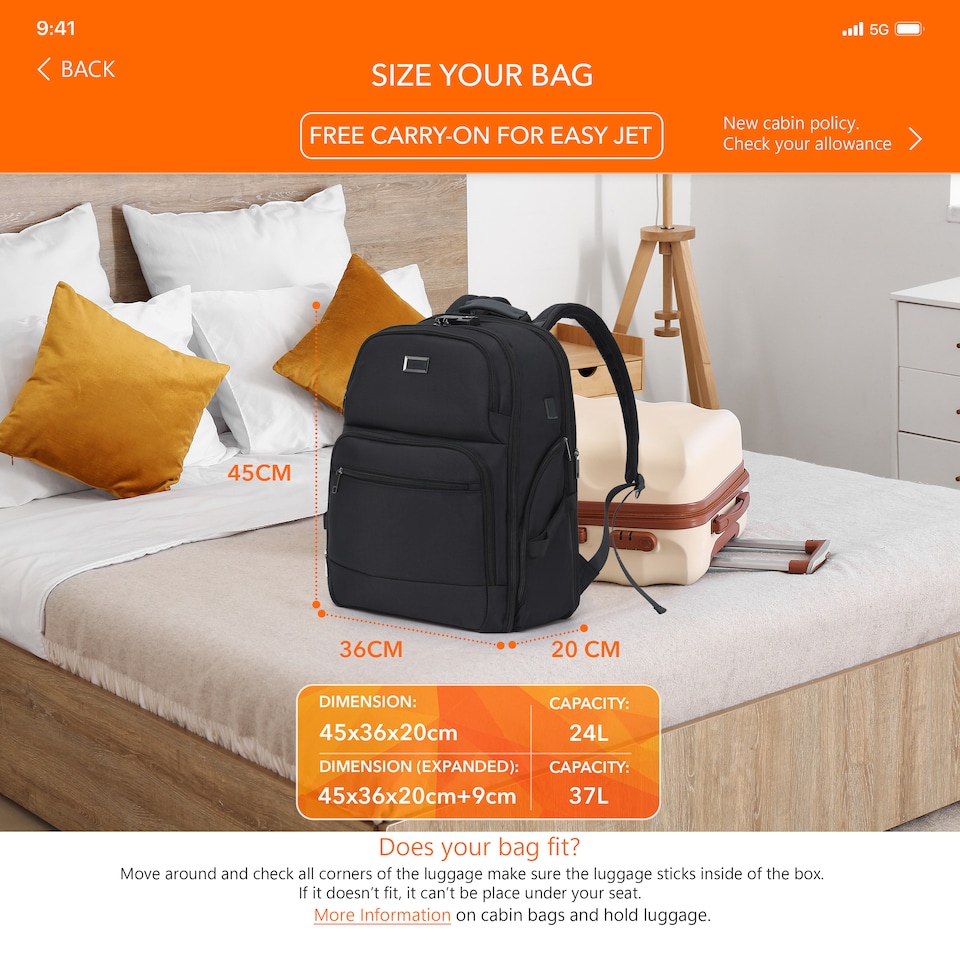 image 1 of Cabin Pro 'Stride' 45x36x20 cm easyJet Cabin Bag Underseat Backpack for Travelling TSA Approved Lock Expandable Backpack - Carry on Luggage | Black | 1